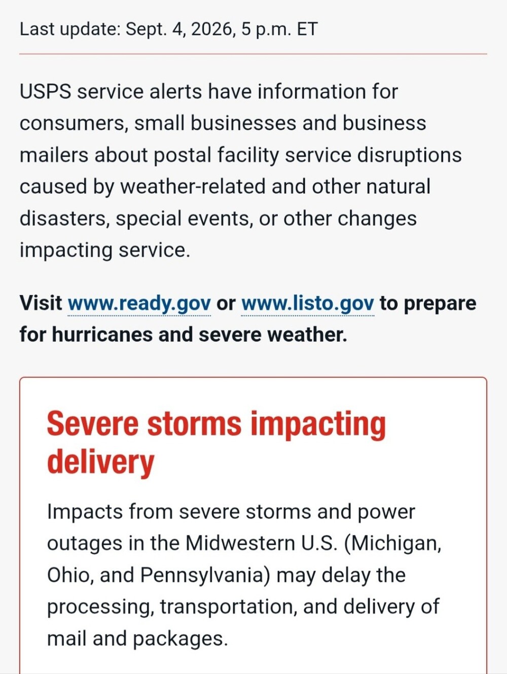 Current USPS Weather Related Delays